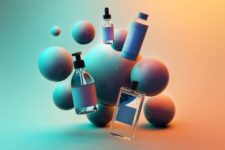Set of bottles for care on blue and pink background with balls. 3d rendering mock upの写真素材