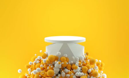 Abstract background of white and yellow balls with presentation stand. 3d render illustrationの写真素材