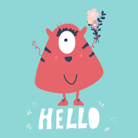 Happy cute cool cartoon monster. flat. red and horned vector monster character with flowers. Children s drawing, can be used as a print for clothes.のイラスト素材