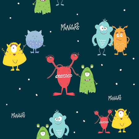 Cute monsters. Childish seamless pattern. Trendy vector background. Perfect for kids apparel,fabric, textile, nursery decoration,wrapping paper. hand drawingのイラスト素材