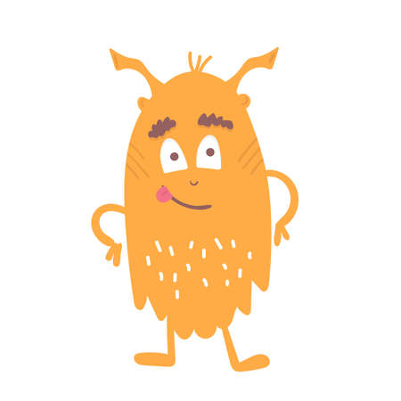 Happy cute cartoon monster. vector monster character with mustache on whiteのイラスト素材