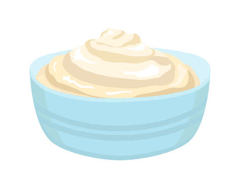 Blue Bowl of Mayonnaise Isolated on White Background. vector flat.のイラスト素材