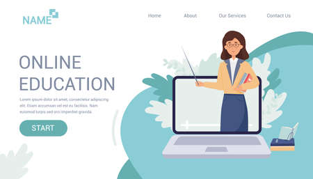 Online education, home schooling concept. Banner for Landing page. Female teacher on laptop screen. Vector illustration. Flat cartoon style designのイラスト素材