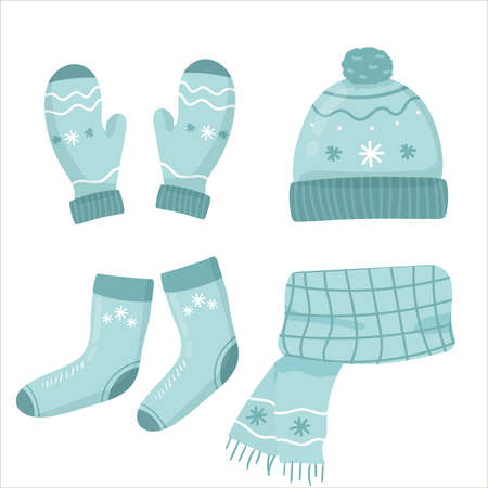 set of blue knitted scarf, hat and mittens socks on white. Winter clothes set. Vector illustration. flatのイラスト素材