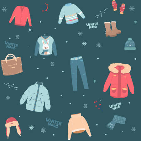 Christmas seamless pattern with cozy winter clothes. outerwear. Backdrop with warm seasonal clothing or apparel. Cartoon vector illustration for wallpaper, wrapping paper, textile print. Flat cartoonのイラスト素材
