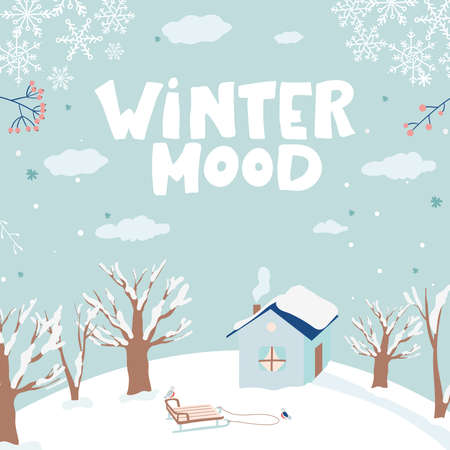 Winter Landscape Scene. Christmas New Year Greeting Card. Forest snowflakes, house sled bird trees Falling Snow, Blue Sky Copy lettering Winter moodのイラスト素材