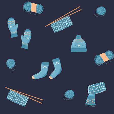 vector seamless pattern. cartoon Knitted items. Cute, warm winter clothes backdrop. Skein of wool, knitting needles, scarf, socks, gloves scarfのイラスト素材