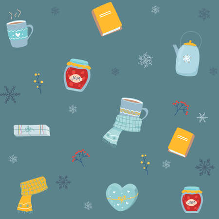 Winter seamless pattern. Cozy winter clothes. A set of winter cute things. Isolated vector illustration. Teapot, jam, book scarf cup, gifts vector on white flat cartoonのイラスト素材