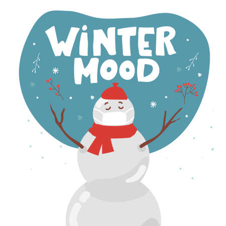 greeting card. snow man wearing a face mask for Wear a face Mask is required warning sign for virus  social distancing use. vector illustrationのイラスト素材