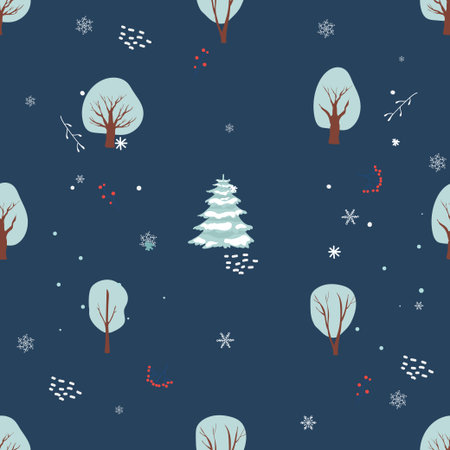 Seamless Christmas pattern with tree, snowflakes. winter forest landscape. hand drawing vector...