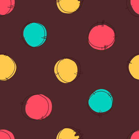 Seamless print of circles, circuit. Hand Drawn. minimalist doodle Vector abstract illustration texture dark background. blue, red yellow. for fabric, poster, cards. figures Bright baby purpleのイラスト素材