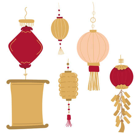 set of red gold chinese New year symbols. hand drawing isolated on whiteのイラスト素材