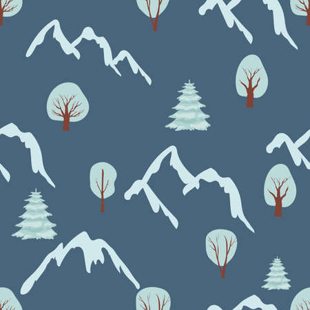 simple style seamless pattern. tree, mountains pines. Christmas pattern with tree. winter forest landscape. hand drawing vector. flat cartoon illustration. for kids textile, wrapping paper, wallpaperのイラスト素材