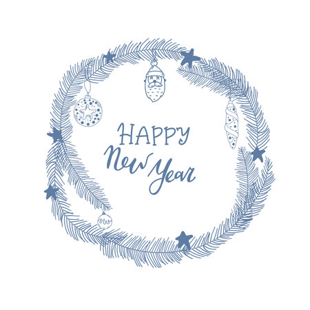 lettering happy New Year with tree . Celebration background with Christmas wreath and place for your text. Vector Illustrationのイラスト素材
