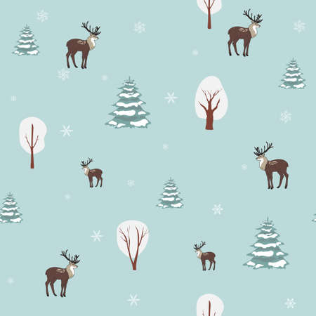 Christmas vector seamless pattern with cute deer and fir trees. winter holiday design. Wallpaper, textiles, wrapping, card, print on clothes.のイラスト素材