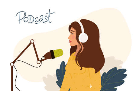 Girl sits at table with microphone, in headphones records a podcast. Concept of creating podcast, blogging.Flat woman interviews, conducts webinar, online courses. Vector, Isolatedのイラスト素材