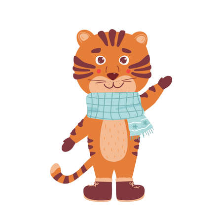 Tiger cub waves his hand welcomes. fun flat.Vector isolated on white cartoon illustrationのイラスト素材