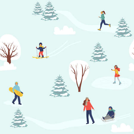 Seamless pattern with men, women and kids performing winter activities. Backdrop with people dressed in outerwear sledding, skiing, snowboarding, skating. Seasonal flat vector illustration.のイラスト素材