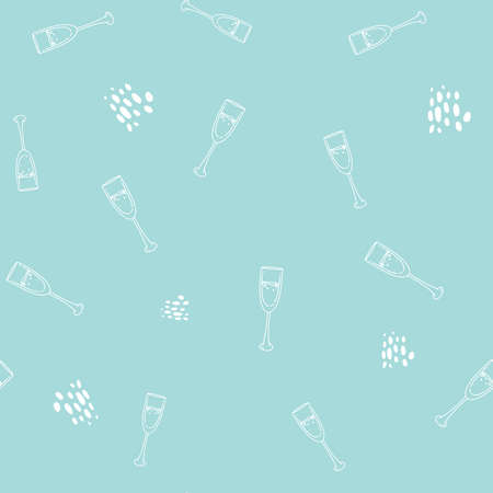Seamless pattern with a picture of a glass of bubbles and small dots simple flat design. hand drawing. Wine glasses champagne on blue background.のイラスト素材