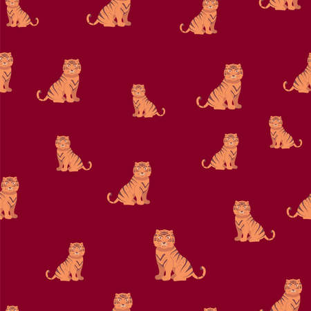 Vector seamless pattern with tigers isolated on red background. Animal background for fabric or wallpaper design. New Years Eve 2022 for background of calendars. Chinese symbolのイラスト素材