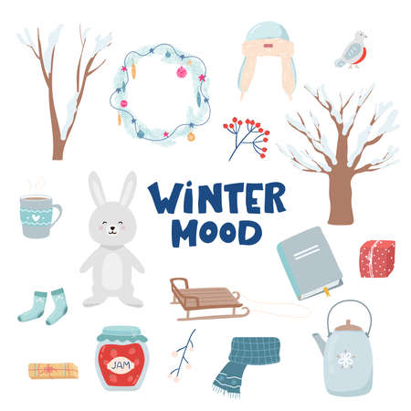 Vector set of holiday icons sweater, Christmas gift,. Kids illustration for Christmas time. Scrapbook collection. Winter greeting card. Happy New Year. tree hare, sled, tea, scarf, hat, birdのイラスト素材