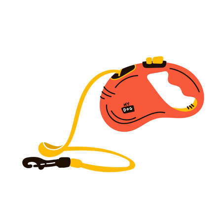 retractable leash for dog. Vector icon of roulette for control safety pets. doodle Animal accessory for outdoors walk. Cartoon illustration isolated on white background. hand drawing circuit.のイラスト素材