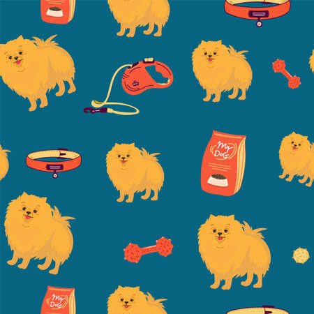 Unusual seamless pattern with cartoon dogs. Pomeranian spitz. Good for wallpaper, pattern fills, greeting cards, webpage backgrounds, wrapping paper, textile or fabric. Vector illustrationのイラスト素材
