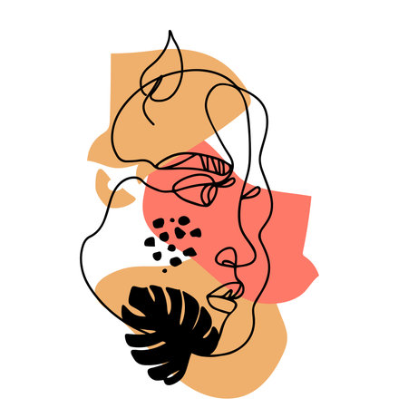 Creative contemporary woman face and floral elements one continuous line drawing. Line art . Abstract modern female portrait painted in minimalistic style with leaves. Vector illustrationのイラスト素材