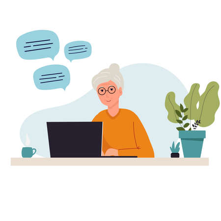 Grandmother is sitting with a laptop at home. I work on a computer. chatting Online education, training or social media concept. flat vector.のイラスト素材