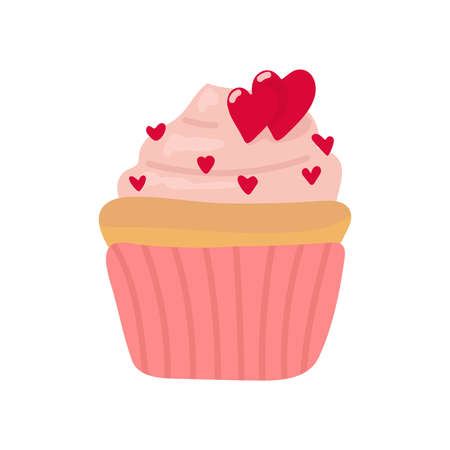 cupcake with a pink frosting in flat design, icon on the white background for your design. Vector illustration.のイラスト素材