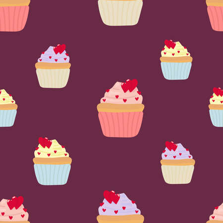 Cupcakes decorated with hearts. Seamless pattern. Cakes on a dark background. Vector illustrationのイラスト素材