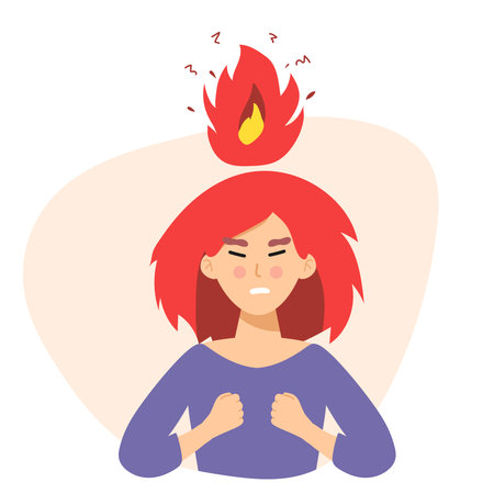 Angry woman. Head Vector illustration of anger, fury, annoyance. Anger, stressed Burnout, stress, emotional problem abstract concept. Burning brain. flame. flat character Depressed or mental illnessのイラスト素材