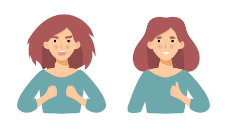 Angry woman and calm . Head Vector illustration of anger, fury, annoyance. Anger, stressed Burnout, stress, emotional problem abstract concept. Burning brain. flame. flat character before and after.のイラスト素材