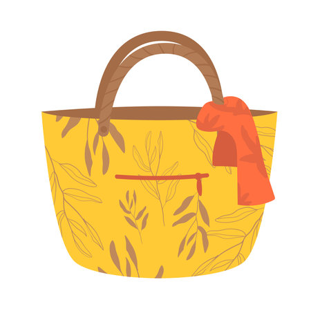 yellow with leaves tote bag, summer beach bag, shopping bag, vector illustration sketch template.のイラスト素材