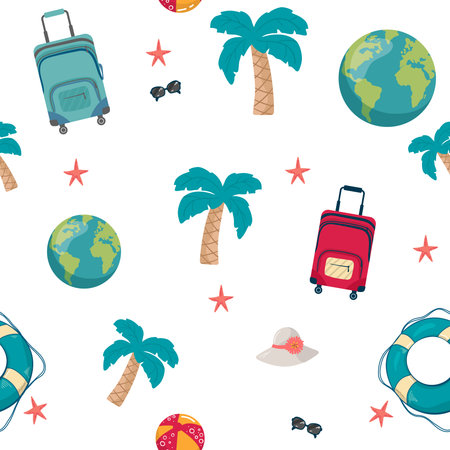 seamless pattern with palm trees , with planet earth, suitcase on white . Concept trip on summer...