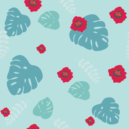 seamless pattern. Monstera leafs, flowers. Tropic green seamless patern on blue background. Vector...