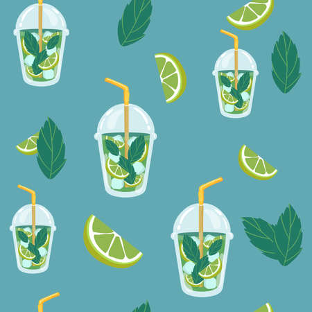 Seamless pattern with Mojito cocktail. Vector illustration in cartoon hand drawing style for restaurant menus and wine lists.のイラスト素材