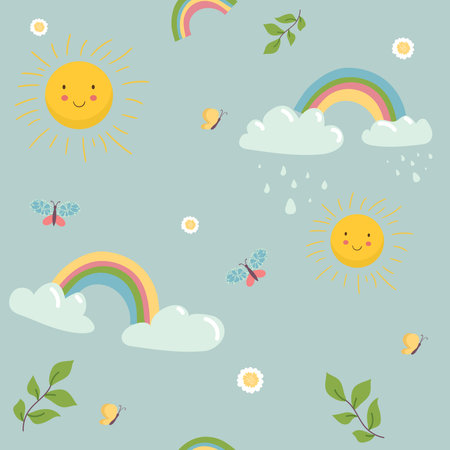 spring Seamless pattern with rainbow, sky, clouds , sun, butternfly , leves illustration background pattern. childish pattern. Vector illustration. textile, print, surface design, fashion kids wearのイラスト素材