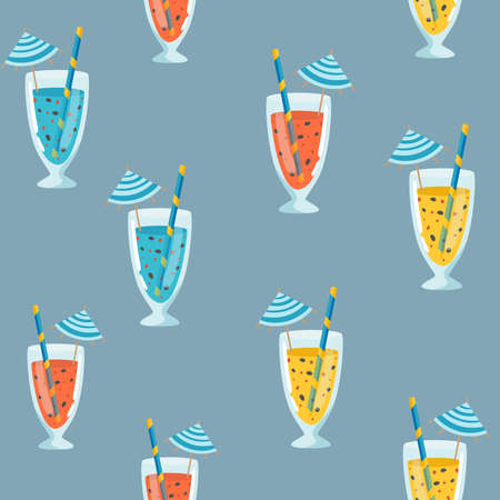 Seamless cocktail pattern. Pastel color background with juice, cocktails with straw and umbrella on blueのイラスト素材