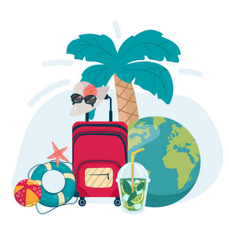 It s Time to Travel. Trip to World. Travel to World. Vacation. Road trip. Tourism. Travel banner. Journey. Travelling illustration. palm suitcase, Lifebuoy earth in the palms.のイラスト素材