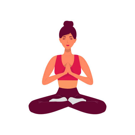 meditating woman. Vector illustration of cartoon young woman sitting in yoga lotus position surrounded by plant leaves. yoga lotus pose, women wellness concept. flat isolated on whiteのイラスト素材