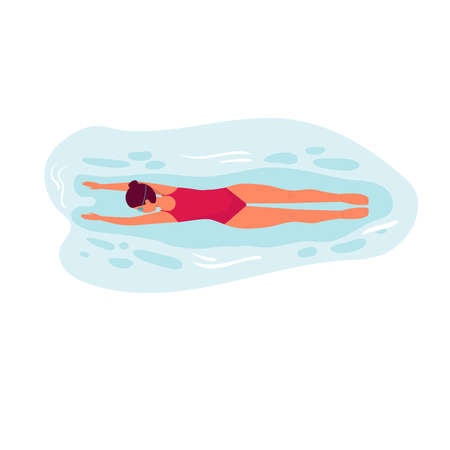 cute girl swim under water on summer holiday isolatted on white. woman swimmer in red swimsuit and goggles. vector cartoon flat.のイラスト素材