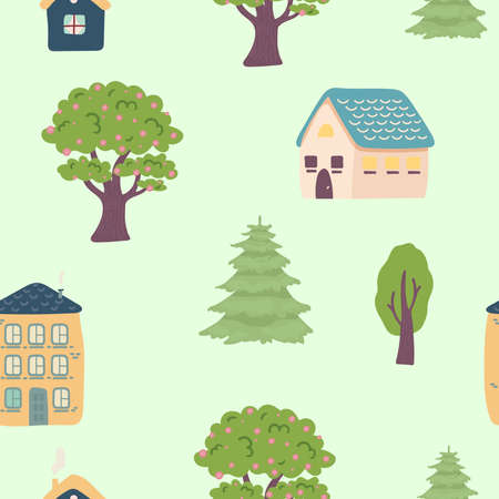 Spring or summer seamless pattern with stylized trees houses. vector spring floral pattern with flowers, natureのイラスト素材