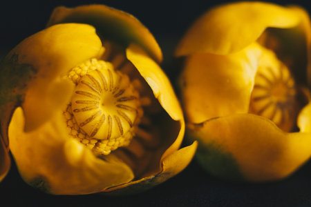 bouquet of yellow waterlily flower with green leaf. freshly ripped up. close up on black background...