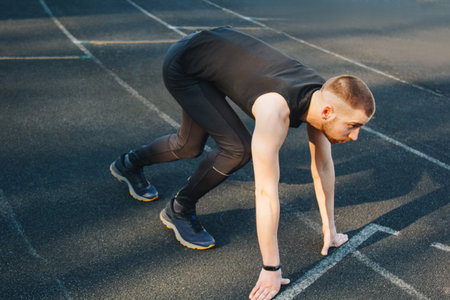 one man on the start line awaits the start of the sprint. stadium, rubber track. athletics...