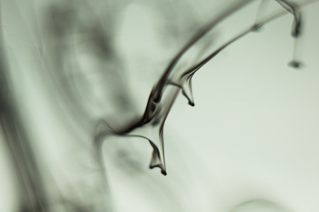 a cloud of ink in a transparent glass cup with clear water amid rays of light. Template, layout, background, texture. macro diffusion black and white abstraction.の写真素材