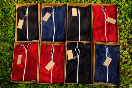 colorful sportswear with tags folded in cardboard boxes lie on the ground with grass. packed...