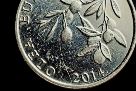 coin twenty croatian lipa macro isolated on black background. Detail of metallic money close up....