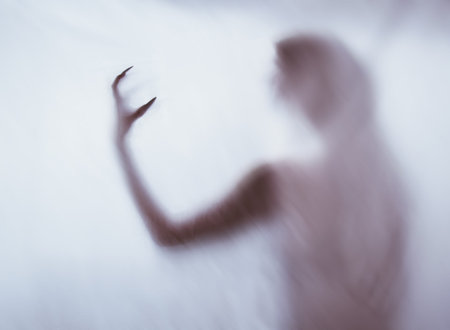 silhouette of a female sexual figure behind foggy glass. concept of the spirit of poltergeist from...
