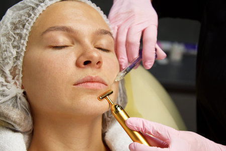 contour plastic. A cosmetologist injects a botulinum toxin to tighten and smooth out wrinkles on the...